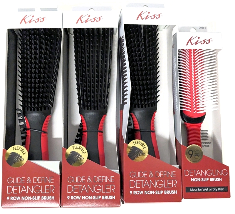 3 New KISS Glide & Define Detangler 9-Row Non-Slip Hairbrushes & Detangling Brush for Wet or Dry Hair