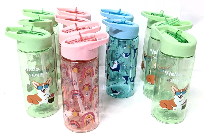 12 New Kids' 473ml Water Bottles with Flip-Up Straws : Green Corgi Hello Summer, Pink Rainbows & Blue Sharks