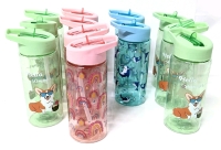 12 New Kids' 473ml Water Bottles with Flip-Up Straws : Green Corgi Hello Summer, Pink Rainbows & Blue Sharks