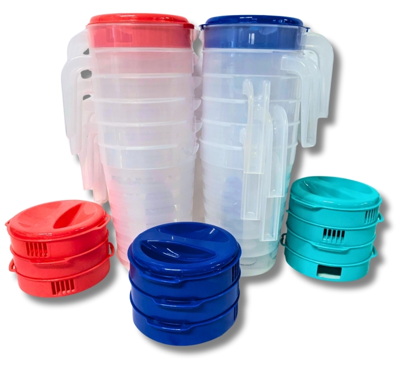12 New" Plastic Gallon (3.8L) Pitchers with Colorful Lids (Chip in 1 Lid)