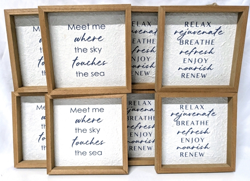 8 New Wood Framed Rustic Paper Decor : "Meet Me Where the Sky Touches the Sea" and "Relax Rejuvenate Refresh Enjoy Nourish Renew" | 7.8" x 7.8"