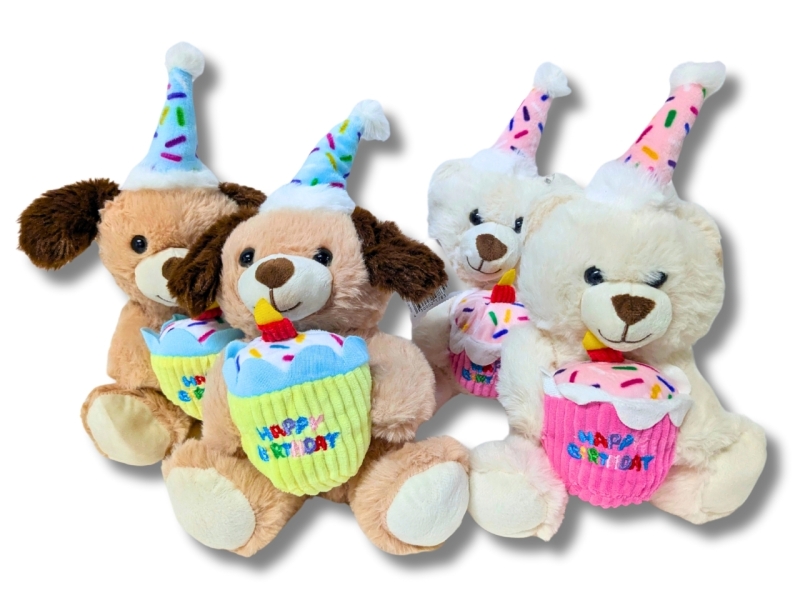 4 New Happy Birthday Plush Toys: Dogs & Bears Holding Cupcakes - 12" Tall ea
