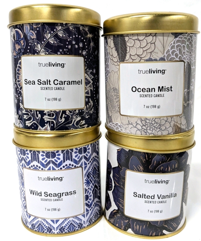4 New TrueLiving 198g Scented Candles in Decorative Tins: Sea Salt Caramel, Wild Seagrass, Ocean Mist, Salted Vanilla