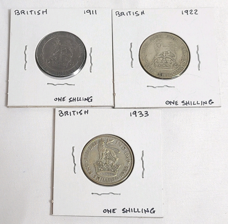 1911 , 1922 & 1933 Great Britain Silver One Shilling Coins . Three (3) Coins