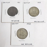 1911 , 1922 & 1933 Great Britain Silver One Shilling Coins . Three (3) Coins