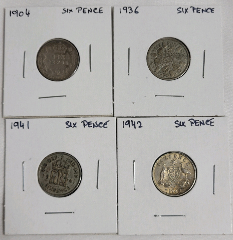 1904 - 1941 Great Britain Silver Six Pence Coins & 1942D Australia Silver Six Pence . 1904 , 1936 , 1941 & 1942 . Four (4) Coins