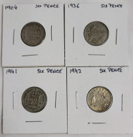 1904 - 1941 Great Britain Silver Six Pence Coins & 1942D Australia Silver Six Pence . 1904 , 1936 , 1941 & 1942 . Four (4) Coins