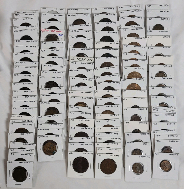 1862 - 1967 Great Britain Penny , Half Penny & Farthing Coin Lot . 115+ Coins in 2&times;2 Coin Holders .