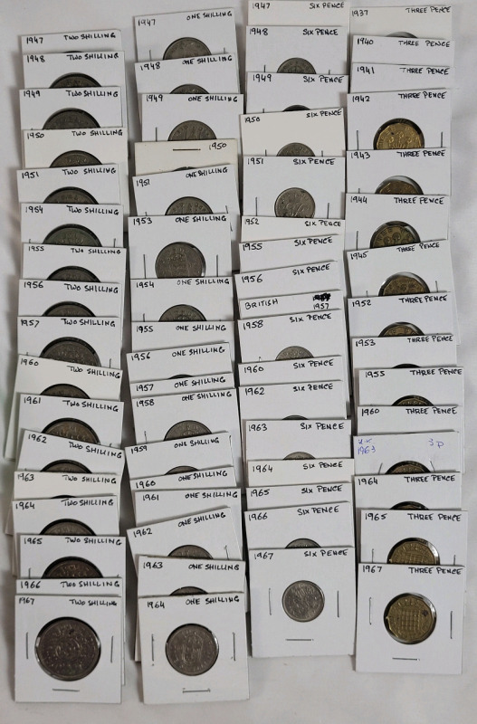 1937 - 1967 Great Britain Two Shilling , One Shilling , Six Pence & Three Pence Coins . 65 Coins in 2&times;2 Coin Holders