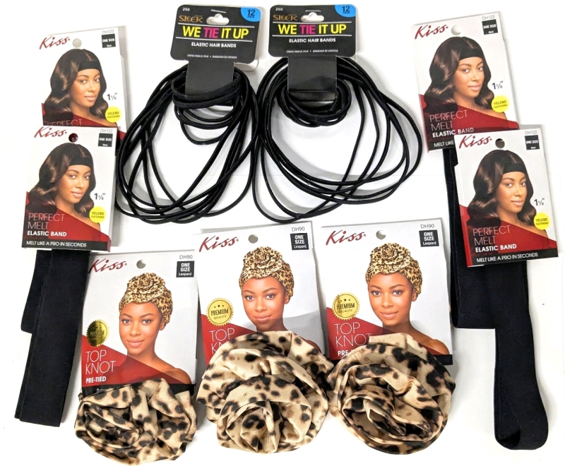 2 New SLEEK 12-Pack Hair Bands, 4 KISS 1⅛" Perfect Melt Elastic Bands & 3 KISS Pre-Tied Leopard Print Top Knots
