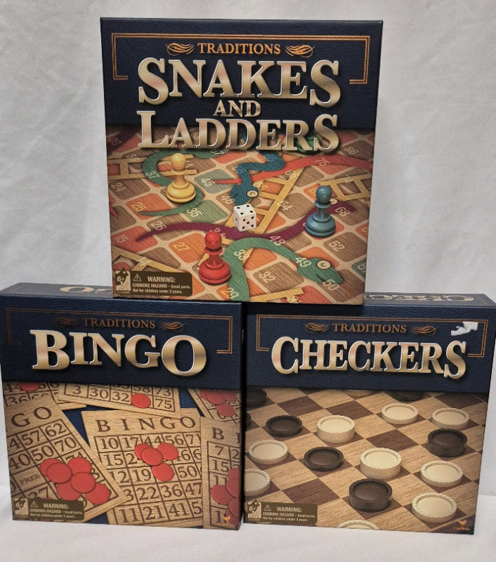 3 New Traditions Board Games Bingo, Snakes & Ladders, and Checkers