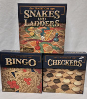 3 New Traditions Board Games Bingo, Snakes & Ladders, and Checkers