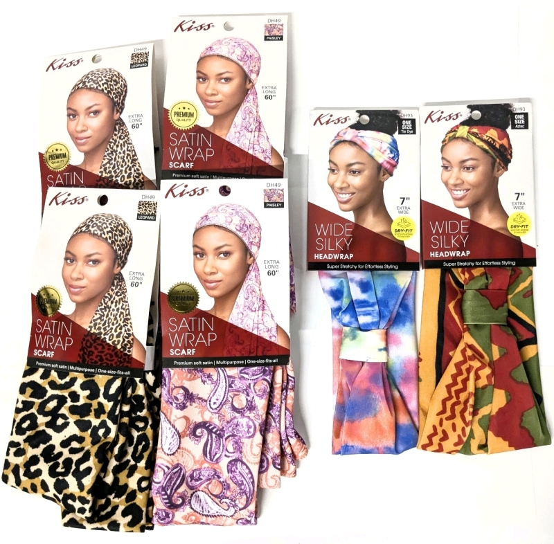4 New KISS 60" Satin Wrap Scarves (2 ea Paisley + Leopard) & 2 E tea Wide 7" Silky Headwraps (Tie Dye & Aztec)