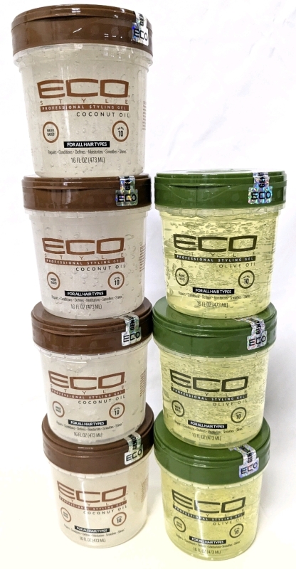 7 New ECO STYLE Max Hold 473ml Hair Gels : 4x Coconut Oil, 3x Olive Oil