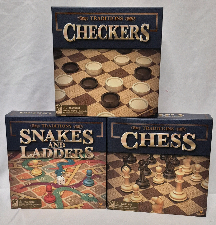3 New Traditions Board Games Chess, Snakes & Ladders, and Checkers