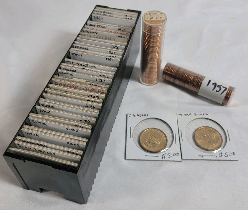 1861 - 2008 World Coin & Token Lot . 1965 Canadian Penny Roll - BU , 1957 Canadian Penny Roll , 2008 USA Adams & Van Buren Dollars plus World Coins - Denmark , Spain , Italy , France , GB plus more .