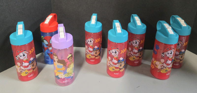 8 New | Plastic Paw Patrol, Spiderman & Disney Princess Water Bottles 7" Tall