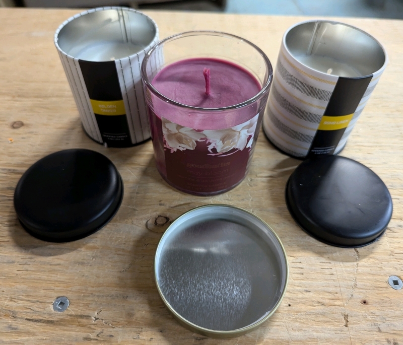3 New Scented Candles. 1 Bloodbath Jasmine and Gardenia Scented. And Two Scented Tin Candles - Golden Timber & Boho Linen.