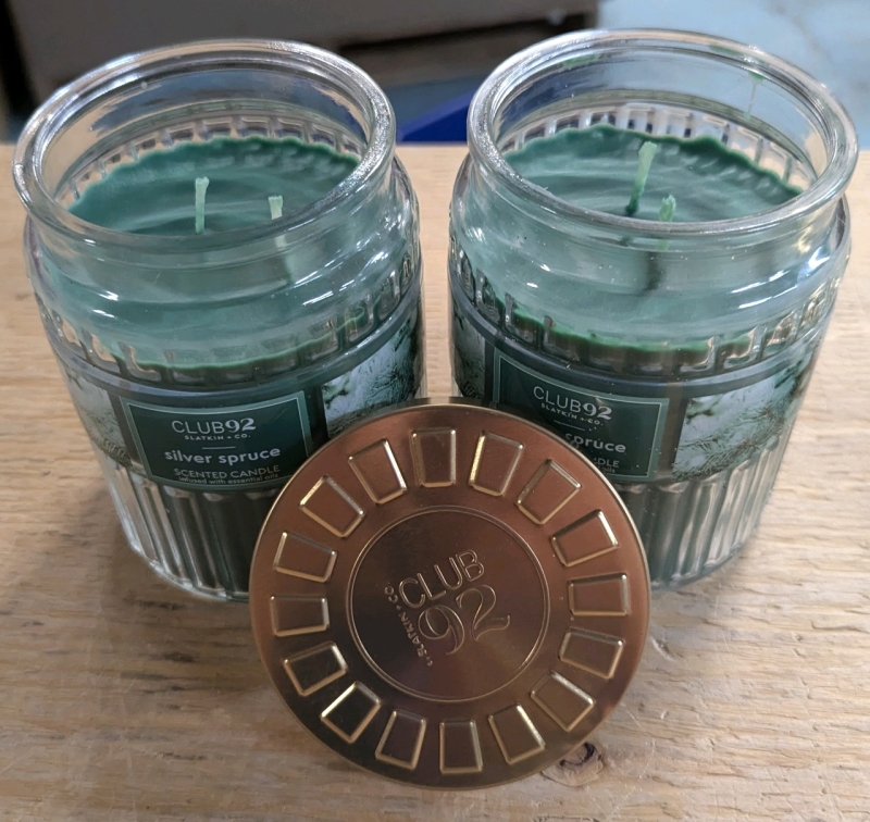 2 New Club 92 Silver Spruce Scented Candles. 5.25" Tall.