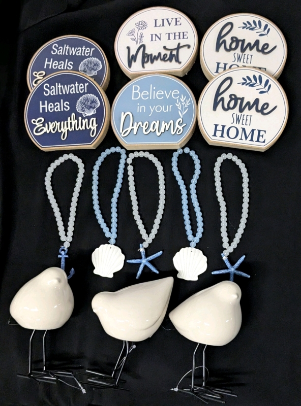 New Shoreline Vibes Home Decor : 6 3D Standing Phrases 5" Across, 4 Hanging Glass Bead & Sea-Themed Focal Beads 7.8" Long, 3 Ceramic Decorative Birds 5.75" Tall