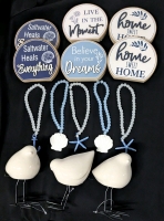 New Shoreline Vibes Home Decor : 6 3D Standing Phrases 5" Across, 4 Hanging Glass Bead & Sea-Themed Focal Beads 7.8" Long, 3 Ceramic Decorative Birds 5.75" Tall