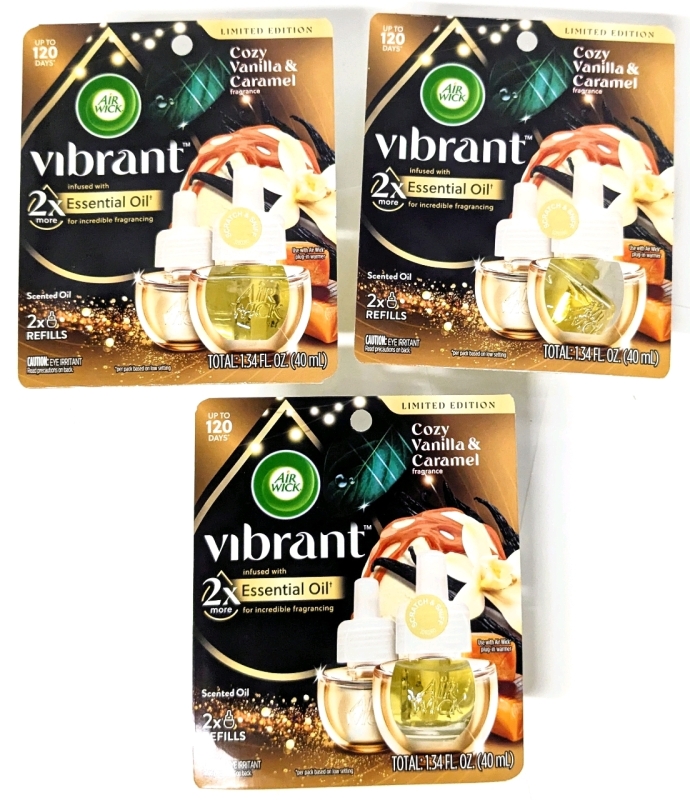 3 New AIR WICK Vibrant 2-Pack Limited Edition Cozy Vanilla & Caramel Fragrance Scented Oil Refills | 40ml Total Each