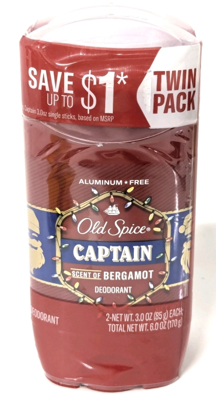 New 2-Pack OLD SPICE Captain: Scent of Bergamot Aluminum-Free Deodorant - 85g ea