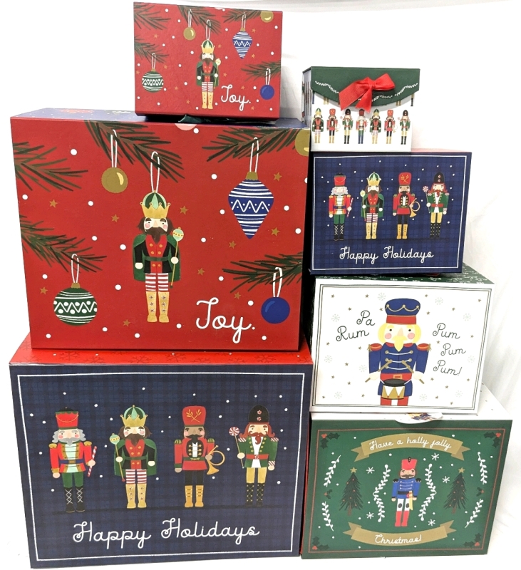 New* Set of 7 Nesting Christmas Gift Boxes with Velcro Closures on Lids | 5.55" x 3.56" x 4.1" to 15.98" x 12.5" x 7.01" - 2 Have Tear in Corner