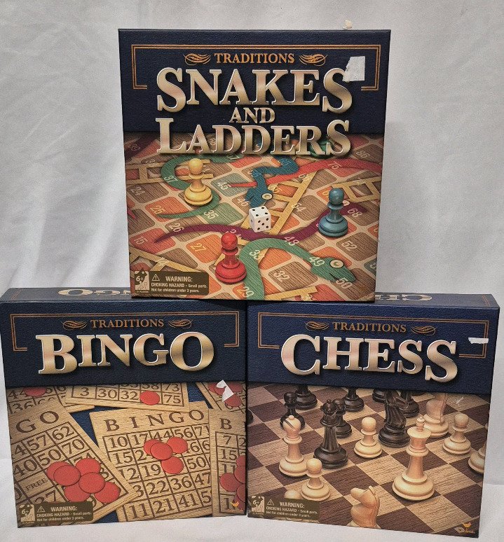 3 New Traditions Board Games Chess, Snakes & Ladders, and Bingo