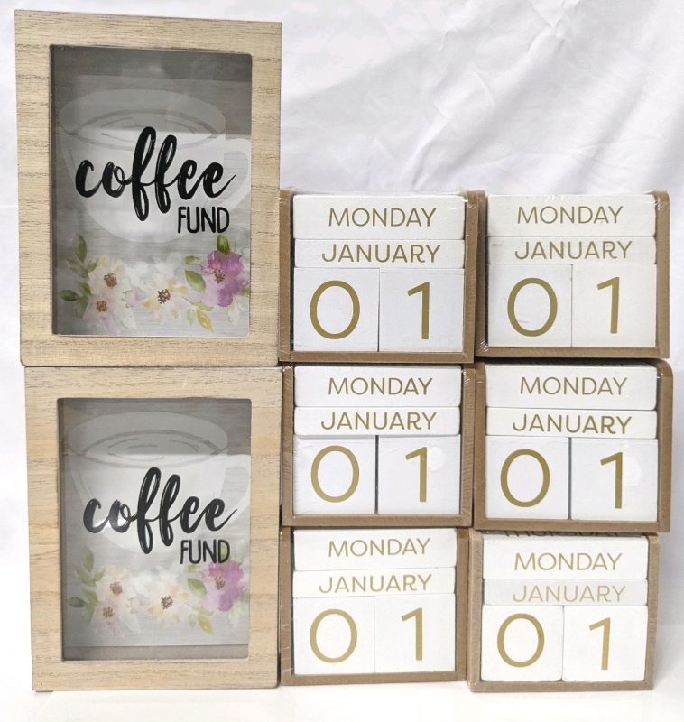 6 New Wood Block Perpetual Calendars (4.5" x 3.75") & 2 Glass & Wood "Coffee Fund" Banks which Can Be Hung on a Wall (5.75" x 7.75")