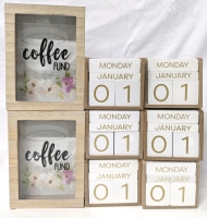 6 New Wood Block Perpetual Calendars (4.5" x 3.75") & 2 Glass & Wood "Coffee Fund" Banks which Can Be Hung on a Wall (5.75" x 7.75")