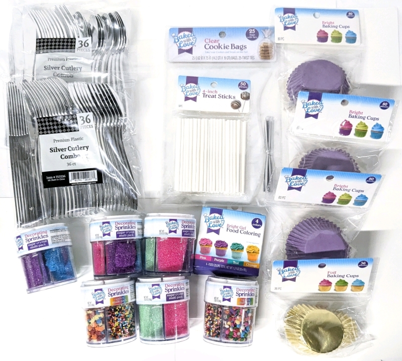 New Baking Supplies: 4x Sugar Crystal Sprinkles, 2x Rainbow Sprinkles, 4x Bright Baking Cups, Metallic Foil Baking Cups, Treat Sticks 4" l, Clear Cookie Bags, 2x Silvery Cutlery Combo Packs