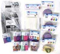 New Baking Supplies: 4x Sugar Crystal Sprinkles, 2x Rainbow Sprinkles, 4x Bright Baking Cups, Metallic Foil Baking Cups, Treat Sticks 4" l, Clear Cookie Bags, 2x Silvery Cutlery Combo Packs