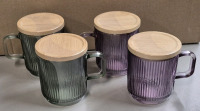4 New Glass Coloured Mugs with Lids - Purple & Green