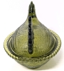Fantastic MCM Avocado Green Unsigned Indiana Glass Hen on Beaded Rim Nest - 5.25" Tall - 5