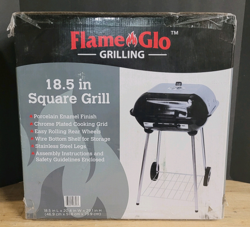 New - Flame Glo 18.5" Square Charcoal BBQ Grill . Some Assembly Required , measures 18.5"L&times;20.4"W&times;29.1"H when Assembled