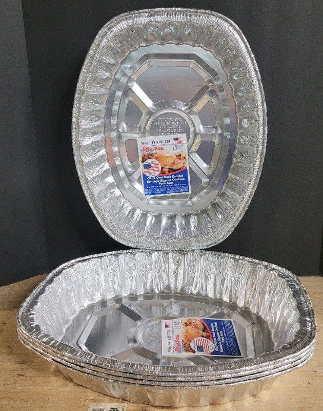New - 5 (five) Gaint Aluminum Oval Rack Roaster Pans . Each Pan measures 16"&times;13"&times;3"