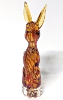 Astounding Murano-Style Handblown Red-Striped Amber Art Glass Rabbit with Gold Foil Inner Core on Clear Base 9.25" Tall