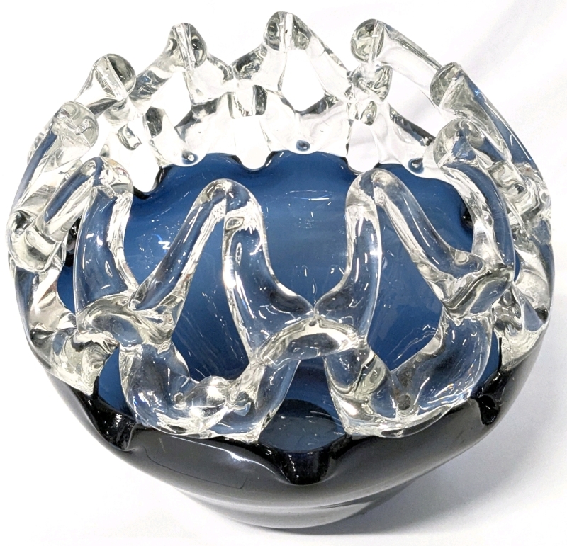 Gorgeous Large Chunky Hand Blown Glass Bowl with Clear X Lattice Top and Sea Blue Glass Bottom - 7.75" Tall