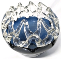 Gorgeous Large Chunky Hand Blown Glass Bowl with Clear X Lattice Top and Sea Blue Glass Bottom - 7.75" Tall