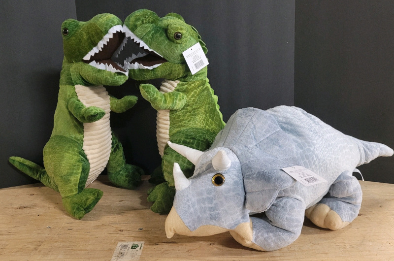 New - Three (3) Kids Dino Plush Stuffed Animal Dolls . T-Tex measures 18" tall & Triceratops measures 24" long