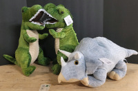 New - Three (3) Kids Dino Plush Stuffed Animal Dolls . T-Tex measures 18" tall & Triceratops measures 24" long