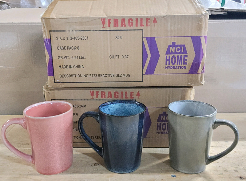 New - Twelve (12) 16oz Reactive Glazed Mugs . Red , Blue & Grey Mugs , 4 Each Color