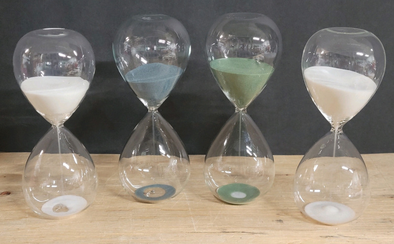 New - Four (4) TrueLiving Home Decor Glass Sand Timers w/ White , Green & Blue Sand