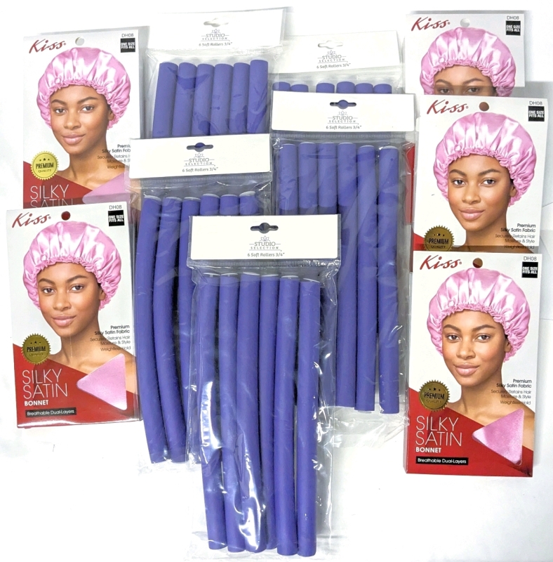 5 New O/S KISS Silky Satin Breathable Dual-Layer Bonnets & 5 Packs New 3/4" Soft Rollers (6 per Pack, 30 Total)