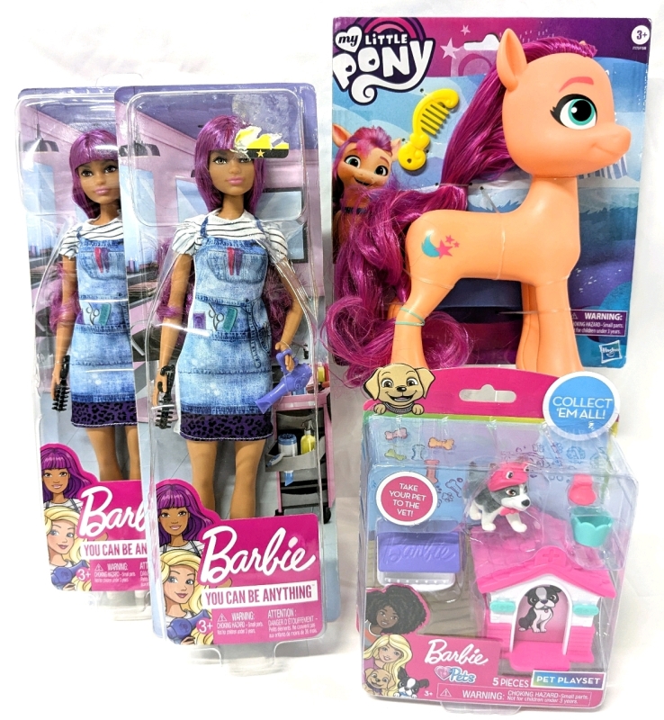 2 New BARBIE You Can Be Anything Hairstylist Dolls, Barbie Pets 5-Piece Playset & Large 8.5" My Little Pony "Sunny" Doll