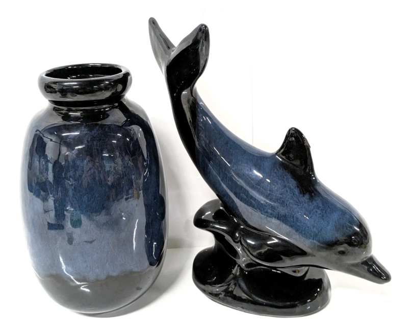 MCM Blue Mountain Pottery-Style Terracotta Dolphin & Matching Vase | Up to 11.5" Tall