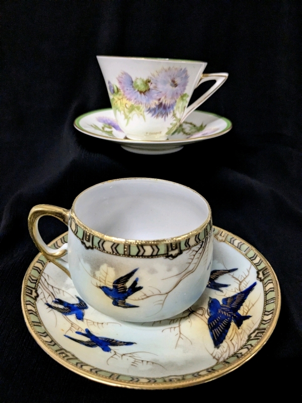 Royal Doulton Glamis Thistle & Unsigned Blue Swallows with Gold Gilt Detailing Tea Cups & Saucers