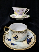 Royal Doulton Glamis Thistle & Unsigned Blue Swallows with Gold Gilt Detailing Tea Cups & Saucers