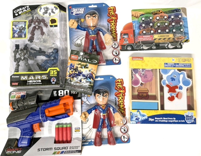 New Blues Clues 26pc Magnetic Wood Dress-Up Set, 2 DC 7" Superman Extreme Bendable Figures, Dart Zone Storm Squad Quickshot Blaster, 35pc M.A.R.S. Heroes, HALO Mega Construx Blind Bag, 9pc Pull-Back & Go Toy Car Speeders